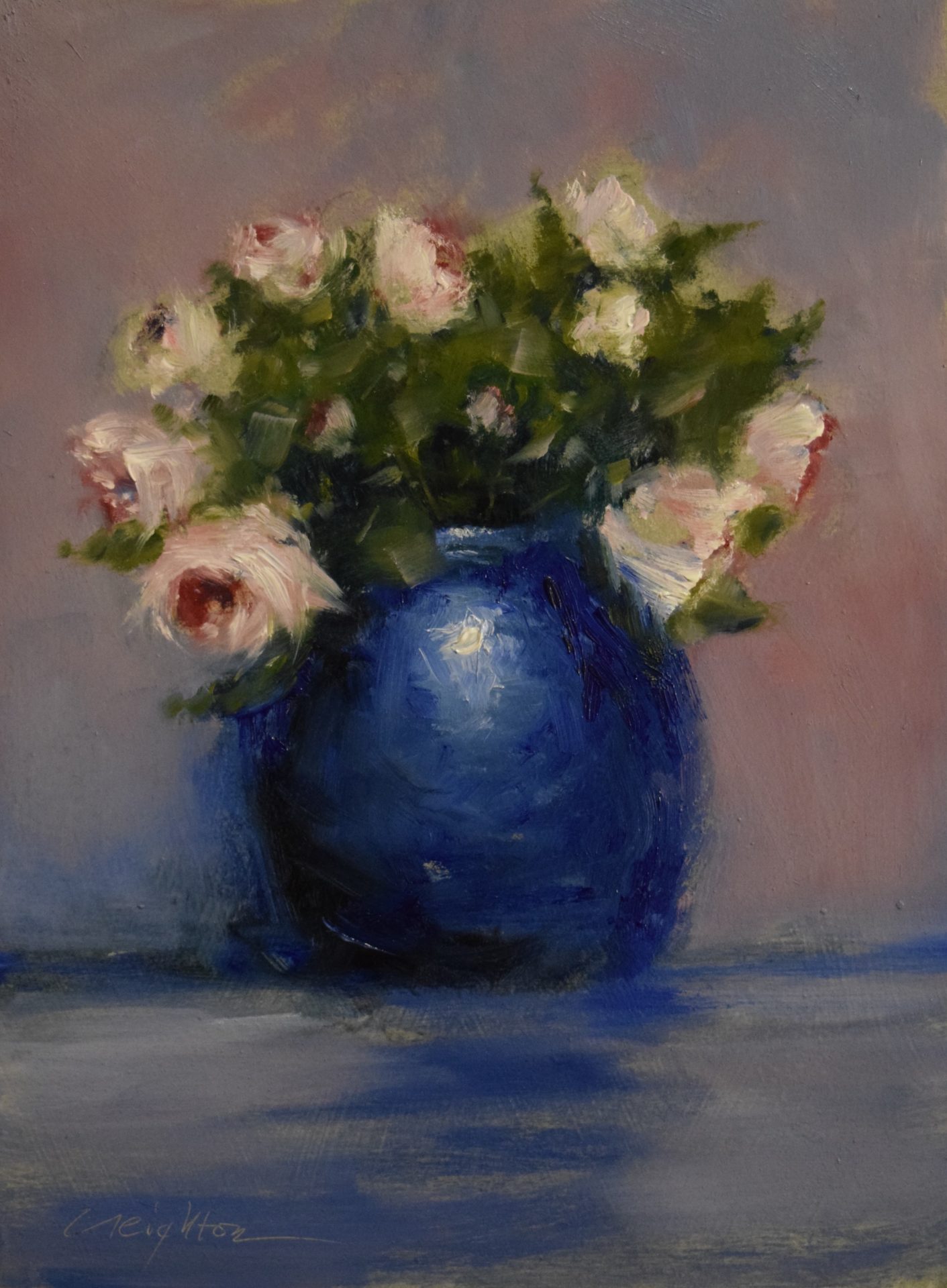 White Roses Blue Pot - Oil on Panel, in Recent Artwork